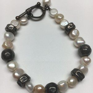 FREE SHIPPING Beautiful 925 Silver Cultured Pearl Toggle Clasp Tennis Bracelet